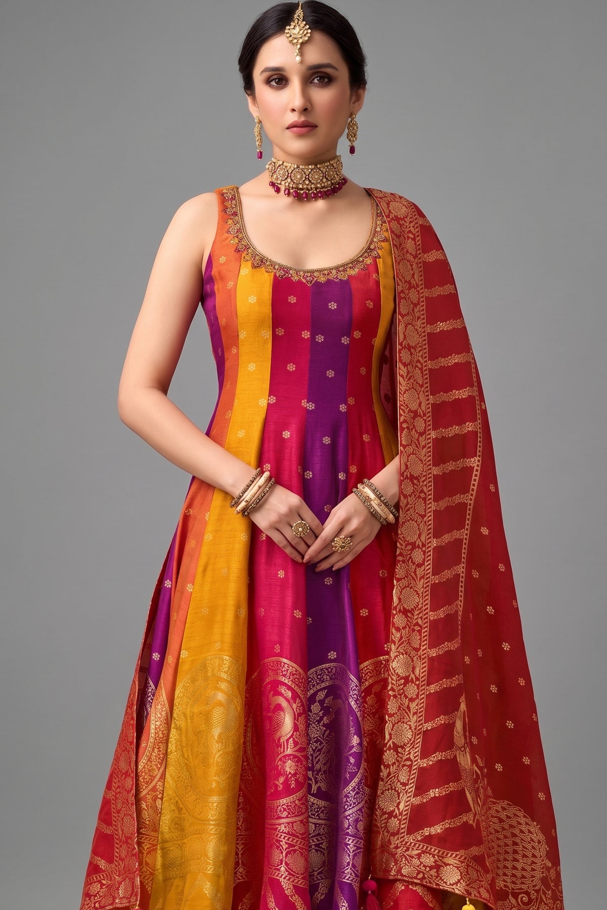Multi Colored Art Silk Woven Anarkali Palazzo Suit - red silk saree