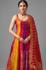 Multi Colored Art Silk Woven Anarkali Palazzo Suit - red silk saree