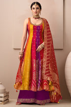 Multi Colored Art Silk Woven Anarkali Palazzo Suit - red silk saree