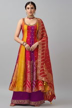 Multi Colored Art Silk Woven Anarkali Palazzo Suit - red silk saree