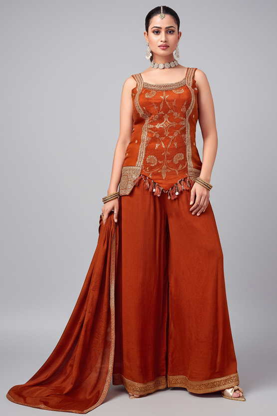 Orange Art Silk Woven Palazzo Suit - orange silk saree