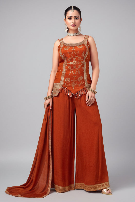 Orange Art Silk Woven Palazzo Suit