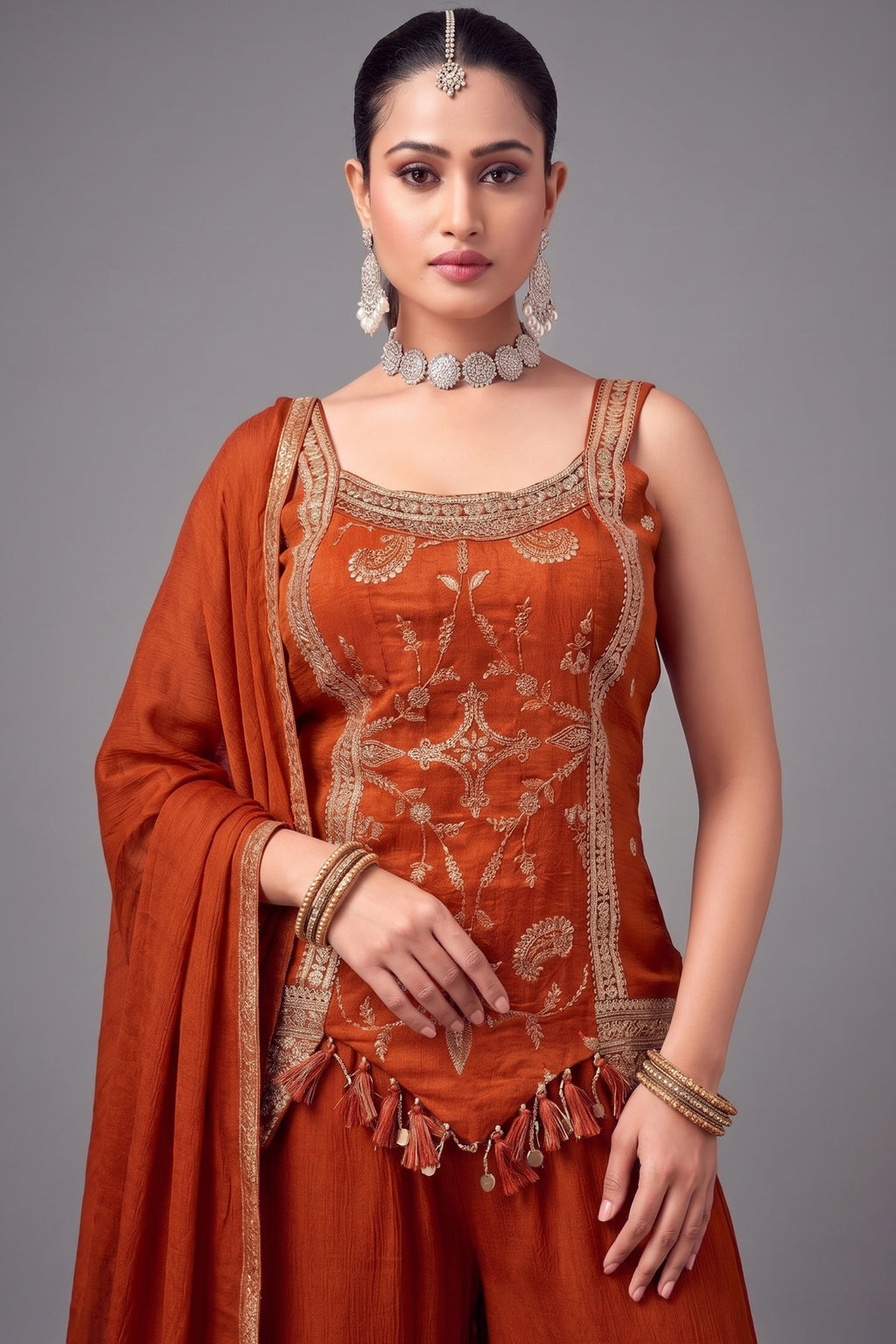 Orange Art Silk Woven Palazzo Suit - orange silk saree