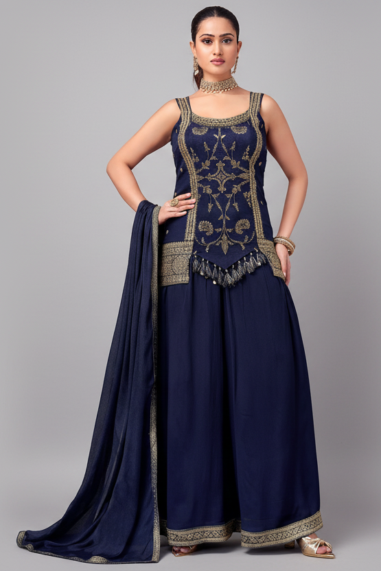 Navy Blue Art Silk Woven Palazzo Suit - blue silk saree