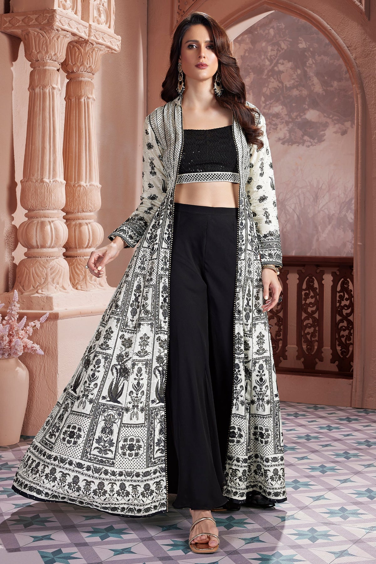 Black Georgette Sequin Beaded Crop Top Palazzo Set with Printed Jacket - black georgette saree