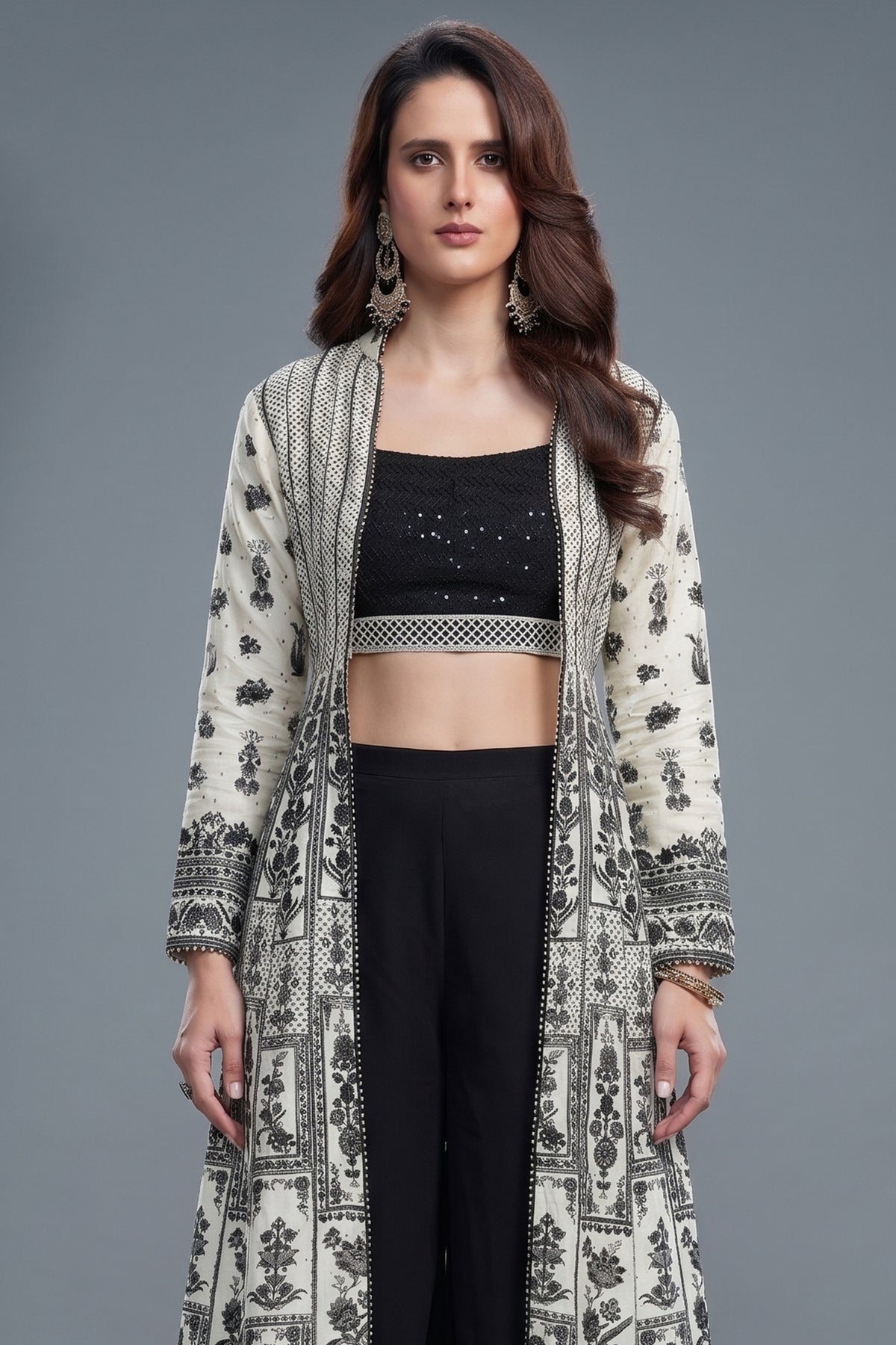 Black Georgette Sequin Beaded Crop Top Palazzo Set with Printed Jacket - black georgette saree