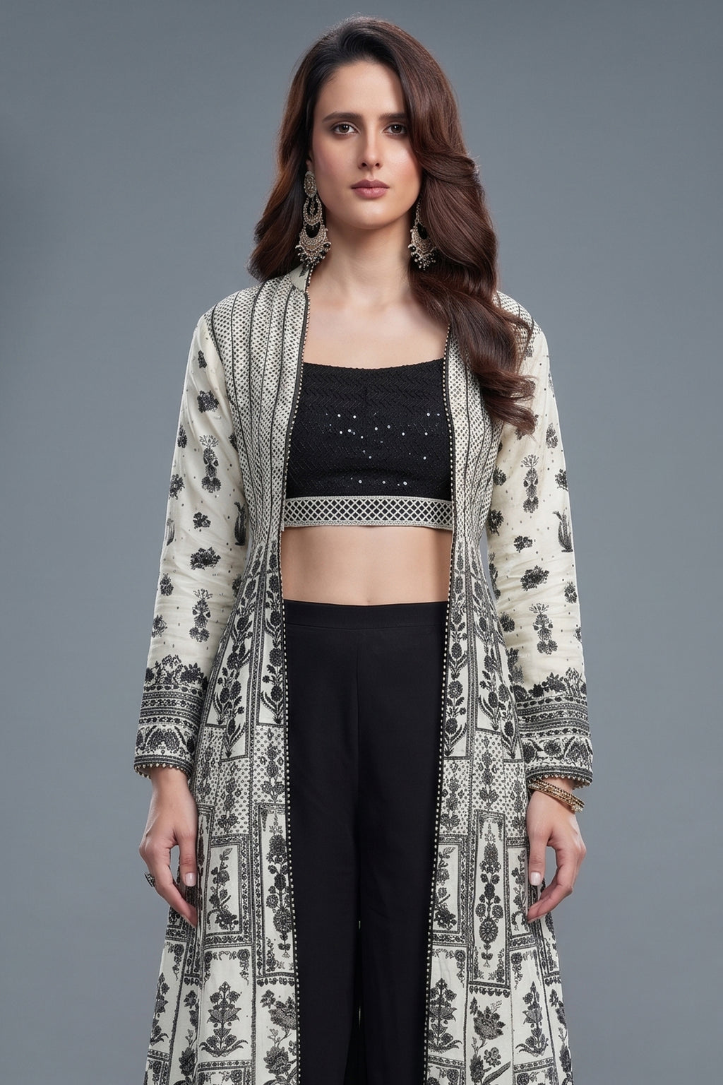 Black Georgette Sequin Beaded Crop Top Palazzo Set with Printed Jacket - black georgette saree