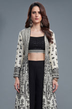 Black Georgette Sequin Beaded Crop Top Palazzo Set with Printed Jacket - black georgette saree
