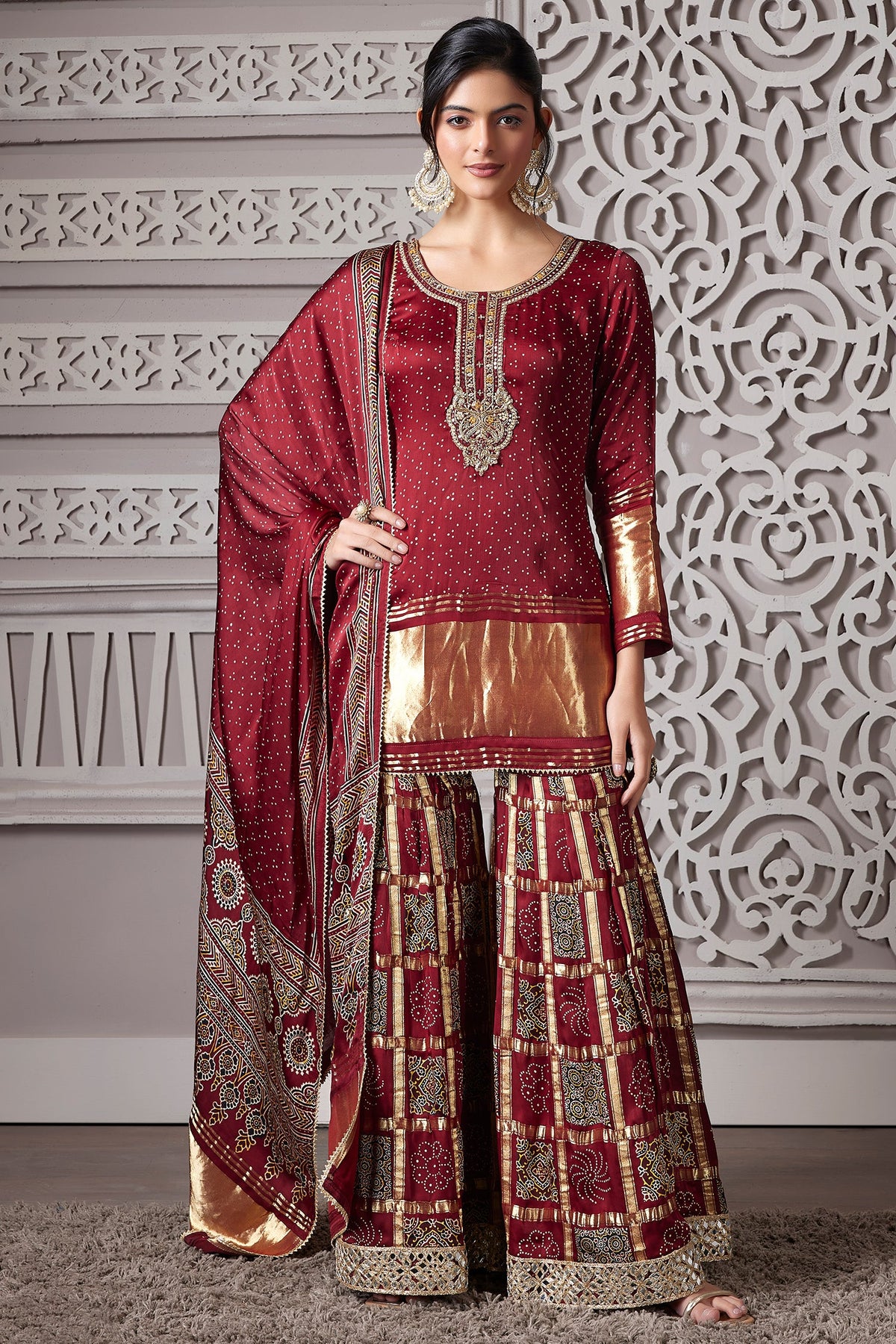 Maroon Gaji Silk Sharara Suit with Zardosi and Cutdana Work - maroon silk saree