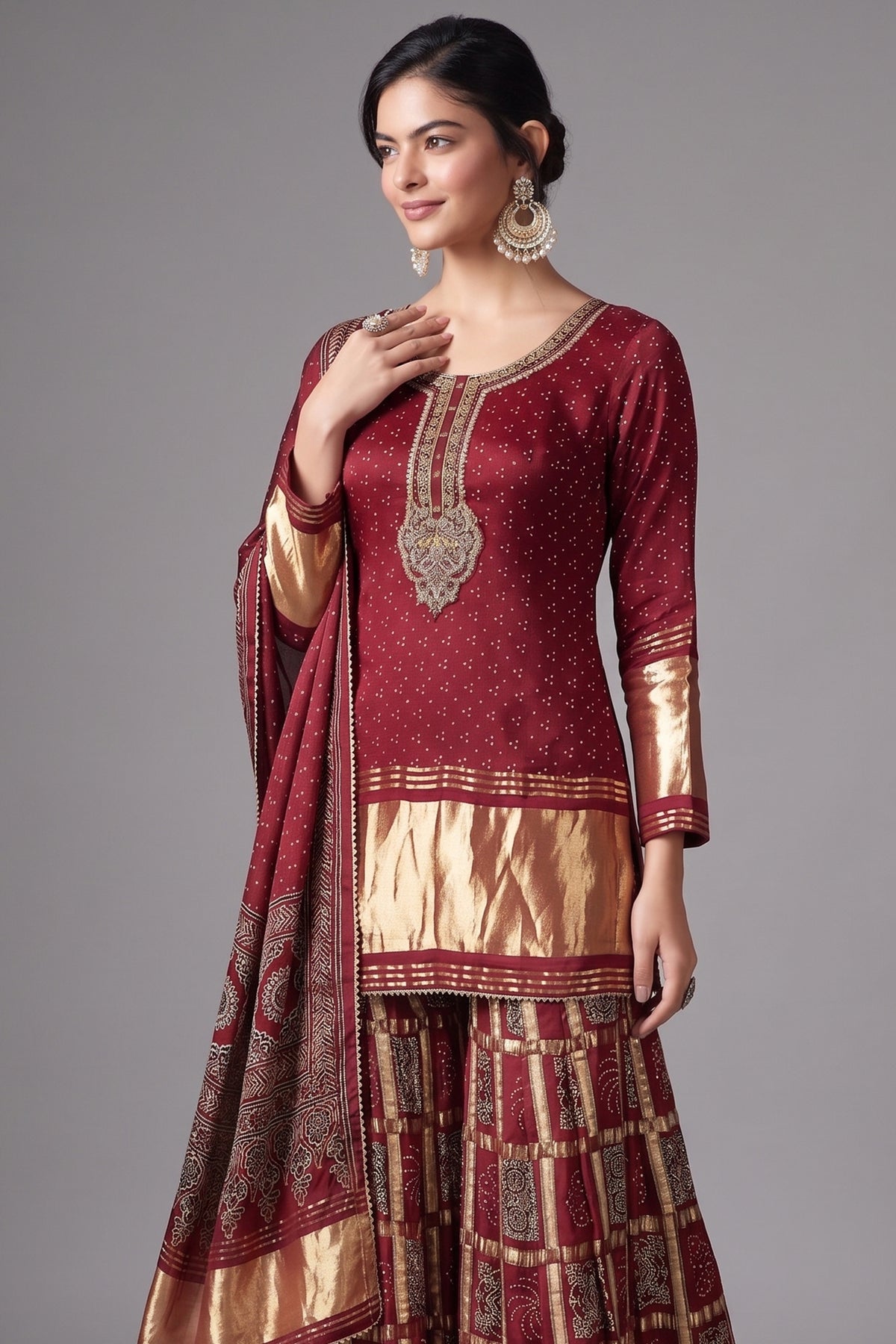 Maroon Gaji Silk Sharara Suit with Zardosi and Cutdana Work - maroon silk saree