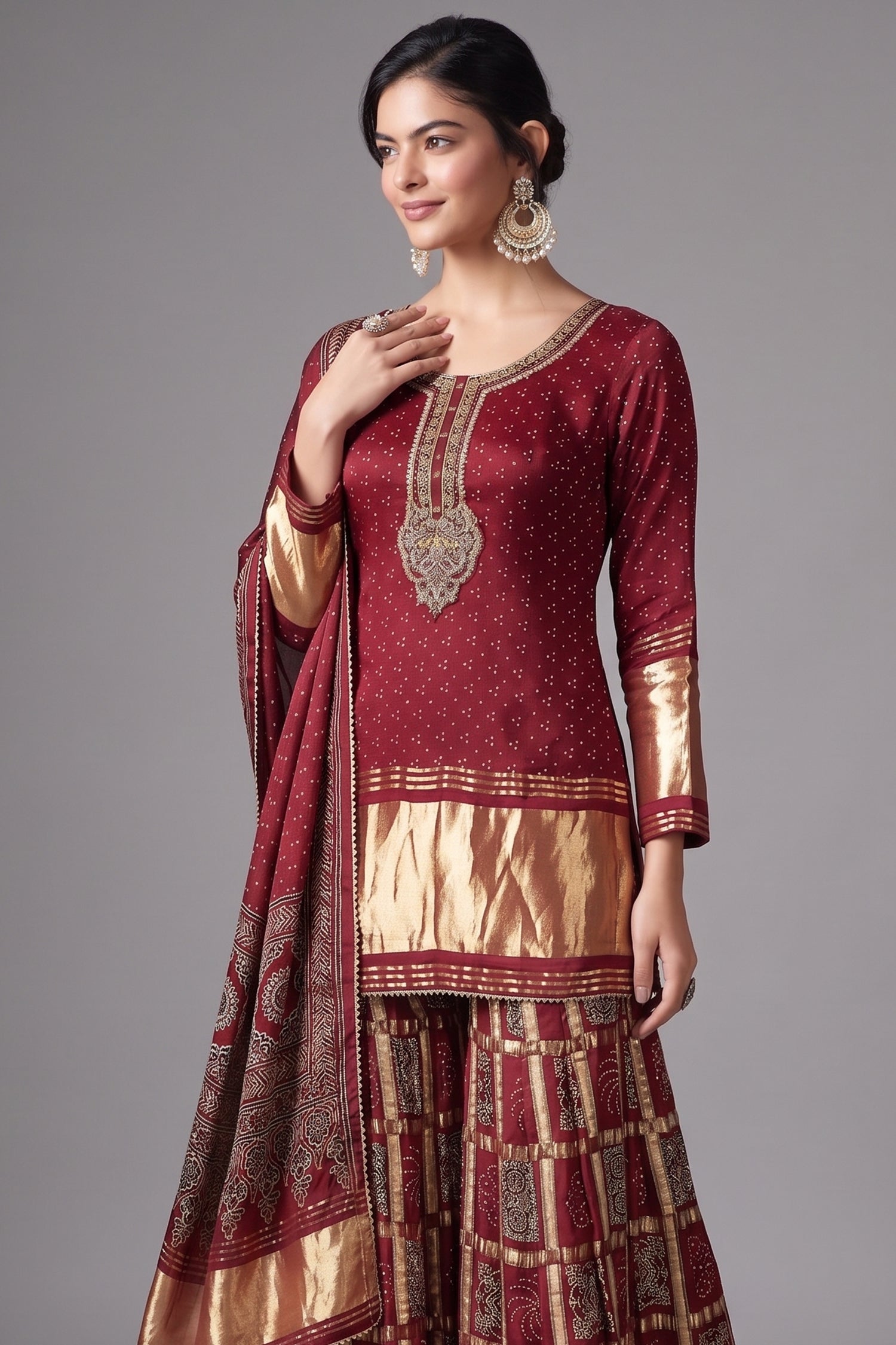 Maroon Gaji Silk Sharara Suit with Zardosi and Cutdana Work - maroon silk saree