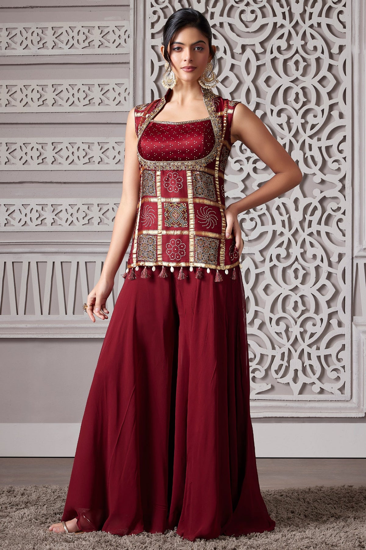 Maroon Gaji Silk Ajrakh Printed Palazzo Suit - maroon silk saree