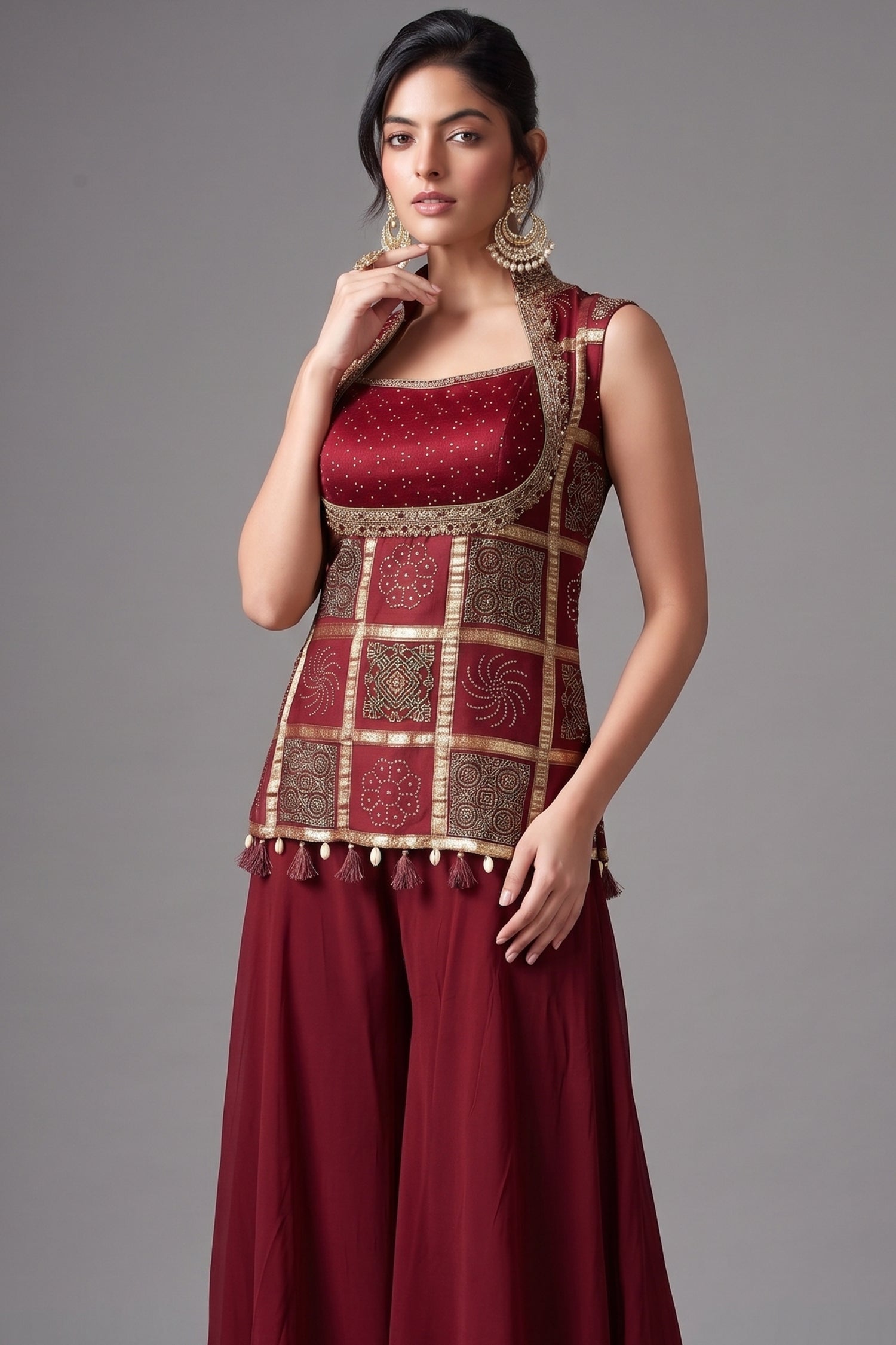 Maroon Gaji Silk Ajrakh Printed Palazzo Suit Secondary image