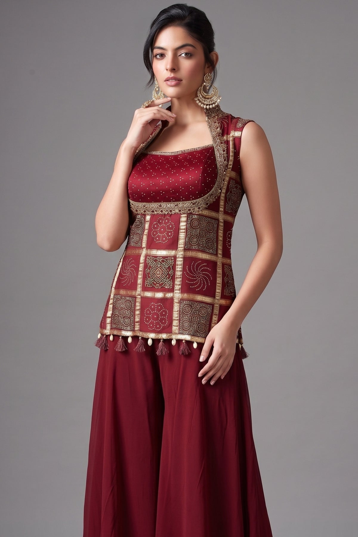 Maroon Gaji Silk Ajrakh Printed Palazzo Suit - maroon silk saree
