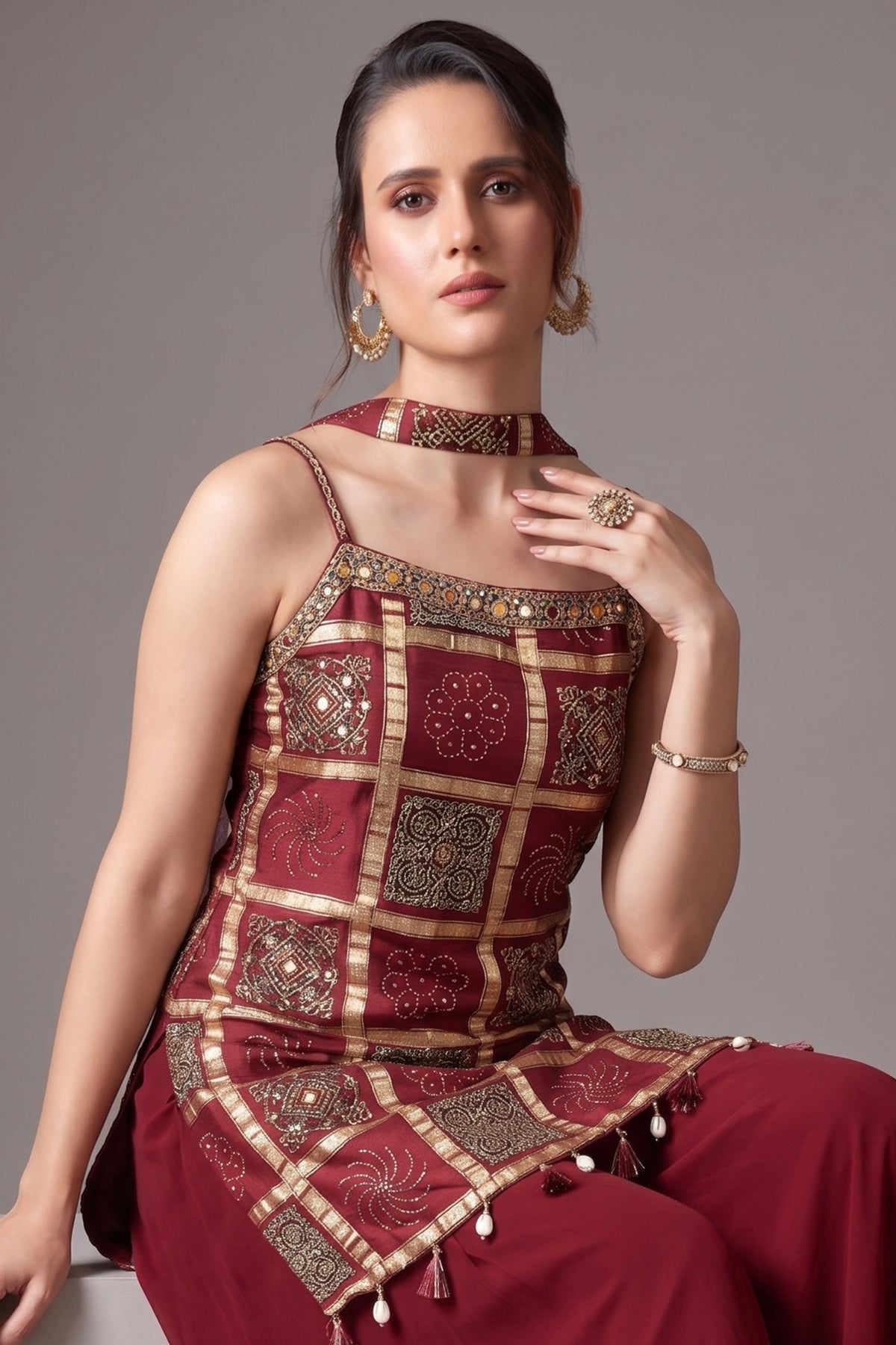 Maroon Gaji Silk Ajrakh Printed Straight Cut Palazzo Suit with Tassles - maroon silk saree