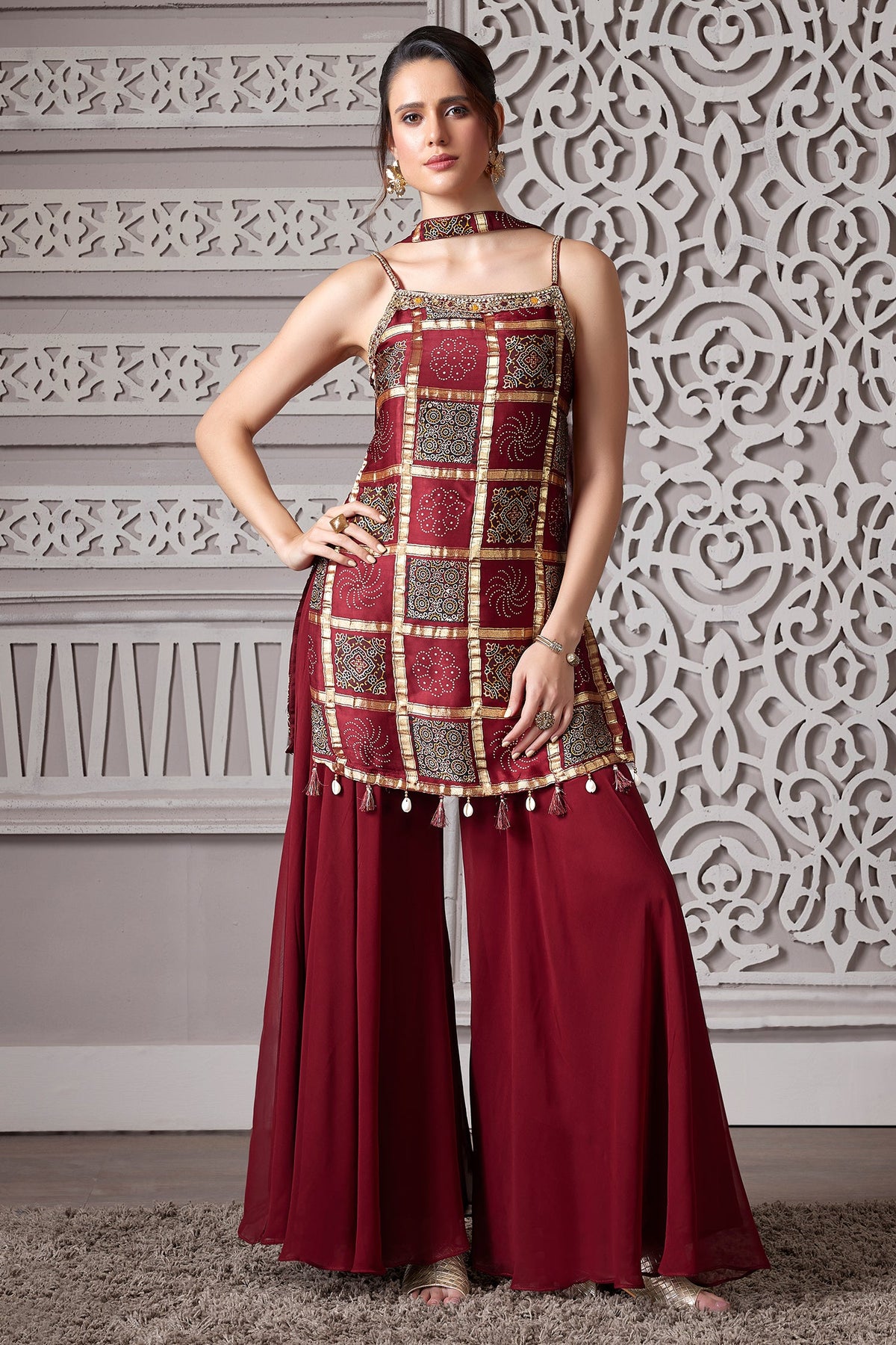 Maroon Gaji Silk Ajrakh Printed Straight Cut Palazzo Suit with Tassles - maroon silk saree