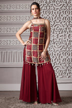 Maroon Gaji Silk Ajrakh Printed Straight Cut Palazzo Suit with Tassles - maroon silk saree