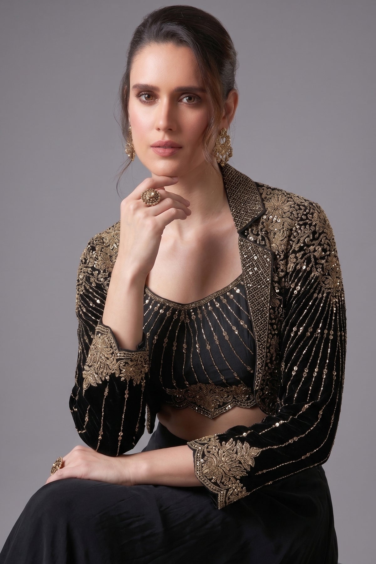 Black Crepe Satin Silk Palazzo Set with Mirror Adorned Jacket - black silk saree