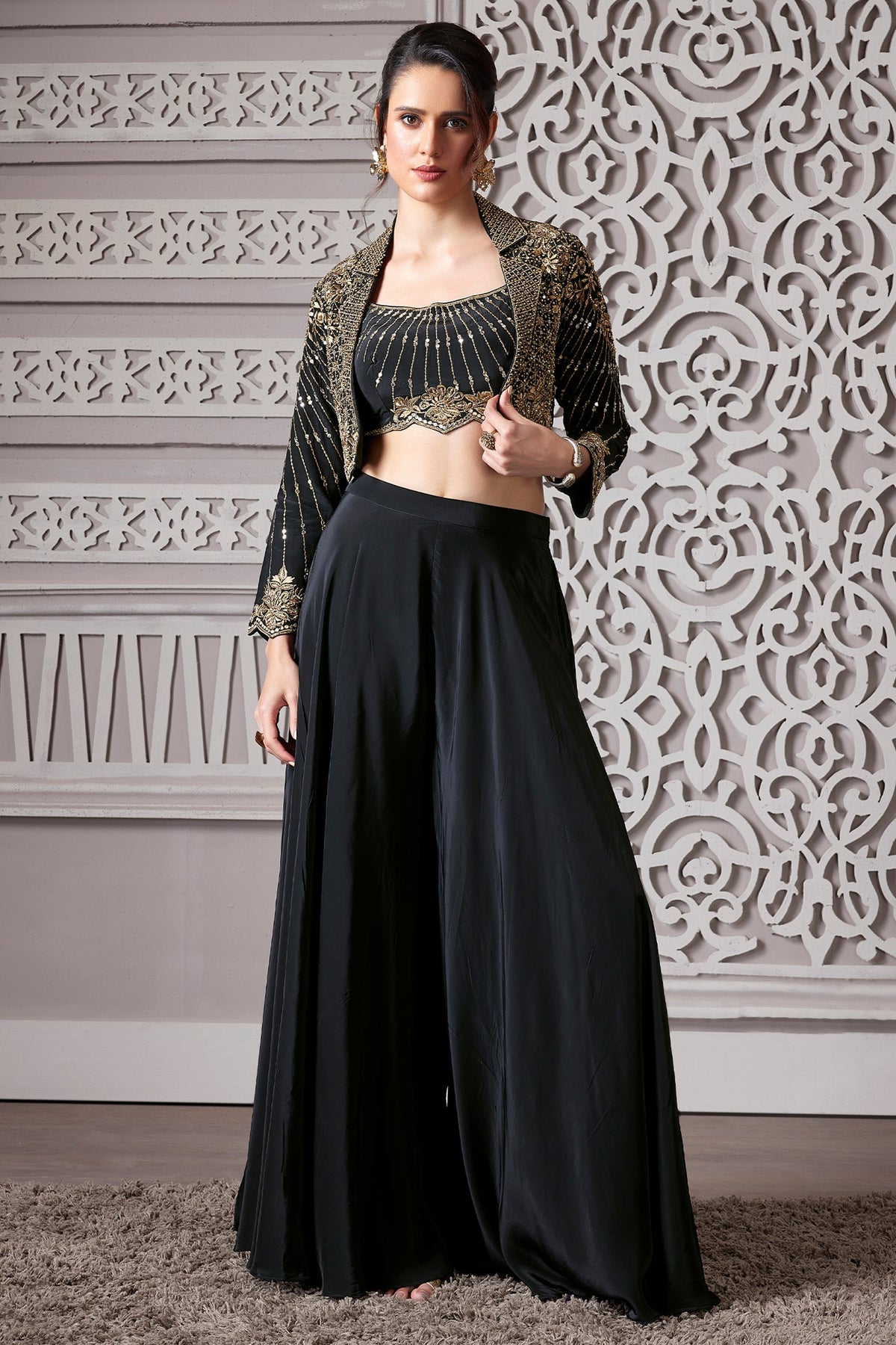 Black Crepe Satin Silk Palazzo Set with Mirror Adorned Jacket - black silk saree