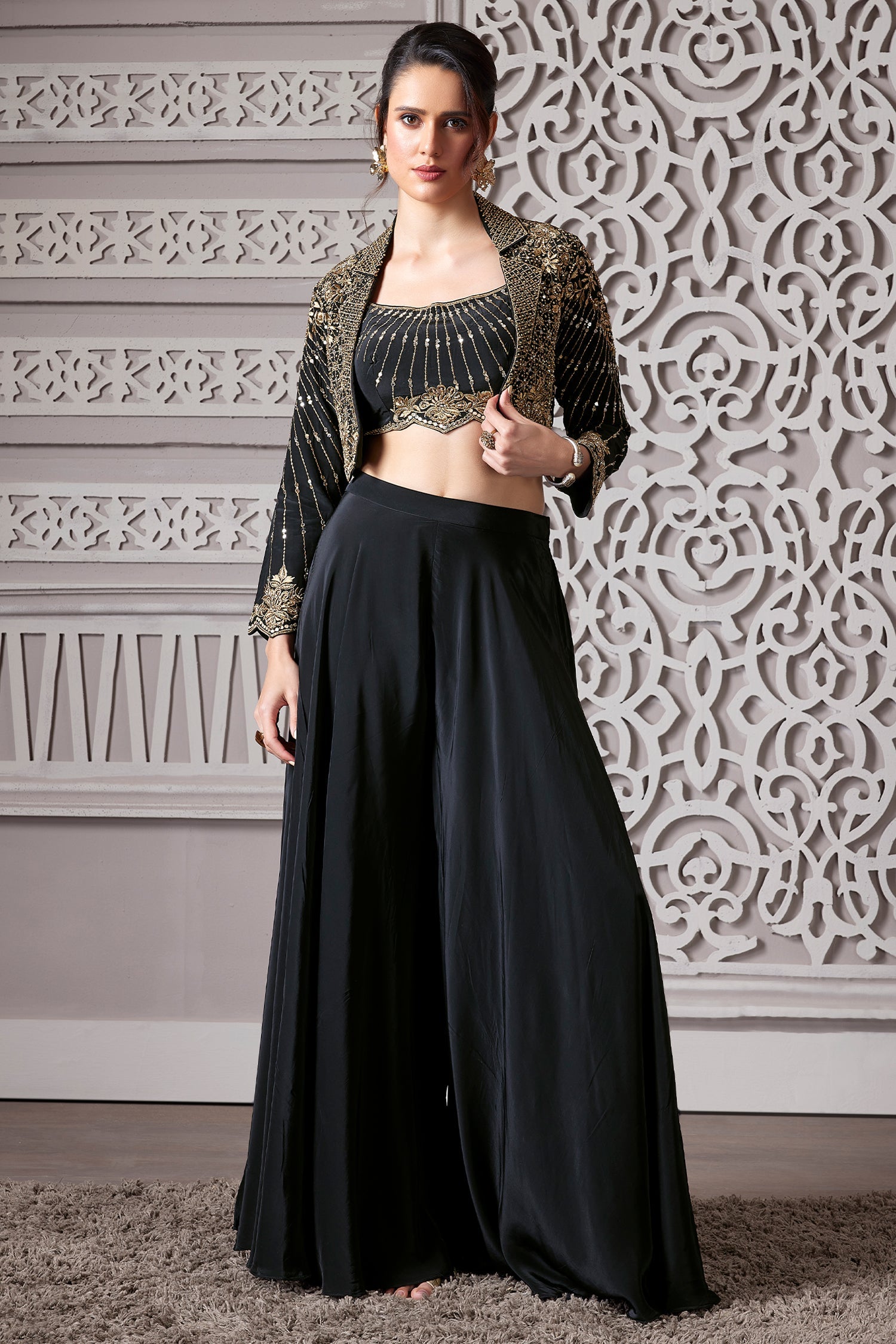 Black Crepe Satin Silk Palazzo Set with Mirror Adorned Jacket - black silk saree
