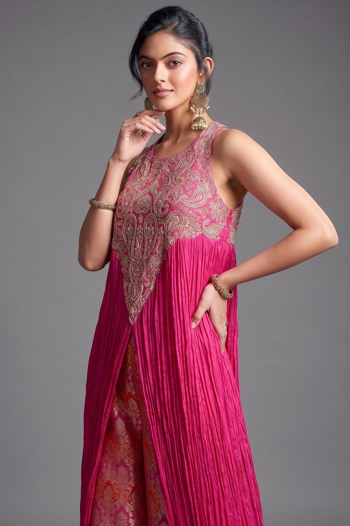 Fuchsia Pink Chiffon Chinon Slit Cut Top and Palazzo Set with Embroidery - pink chiffon saree embroidery