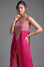 Fuchsia Pink Chiffon Chinon Slit Cut Top and Palazzo Set with Embroidery - pink chiffon saree embroidery