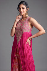 Fuchsia Pink Chiffon Chinon Slit Cut Top and Palazzo Set with Embroidery