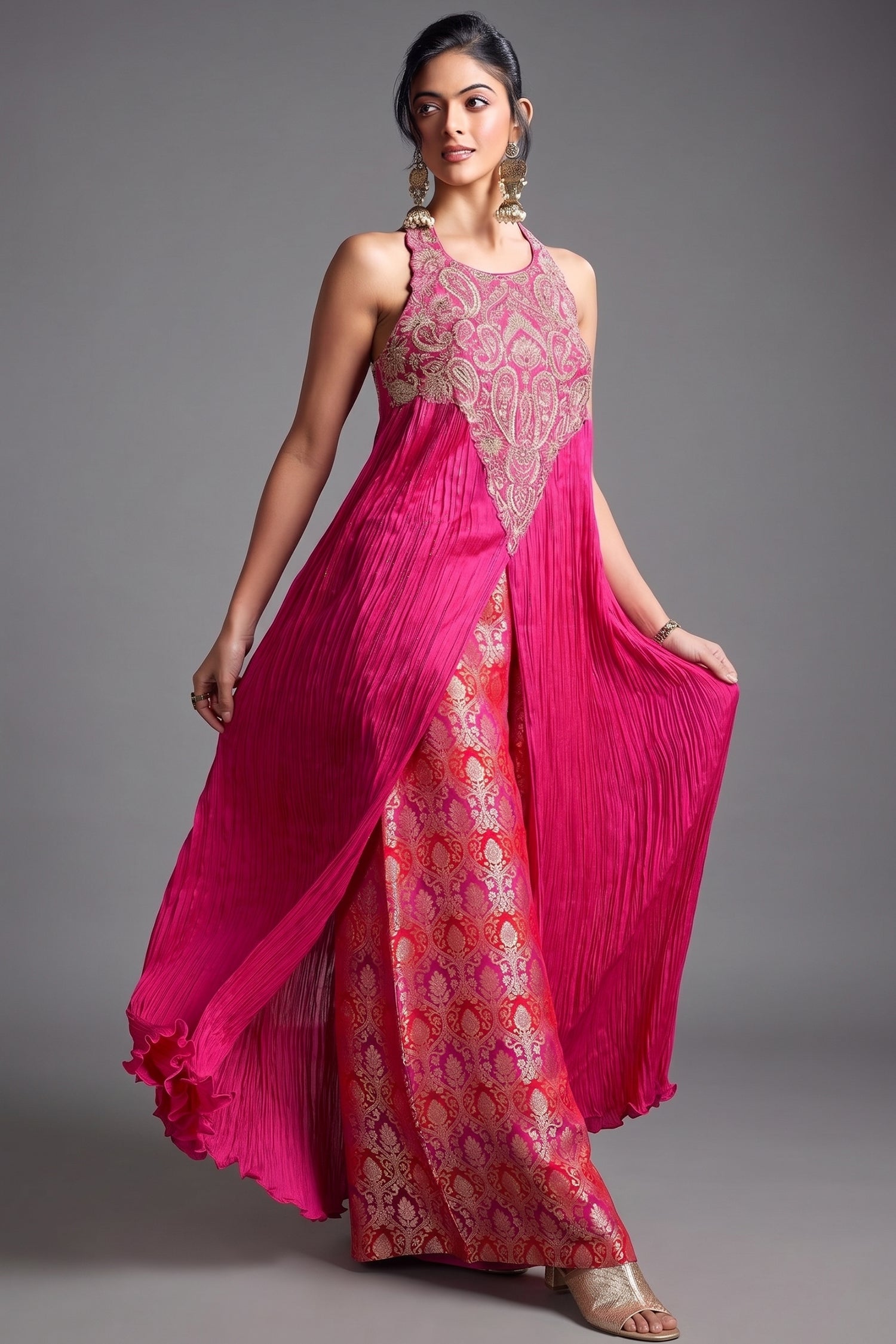 Fuchsia Pink Chiffon Chinon Slit Cut Top and Palazzo Set with Embroidery - pink chiffon saree embroidery Main image