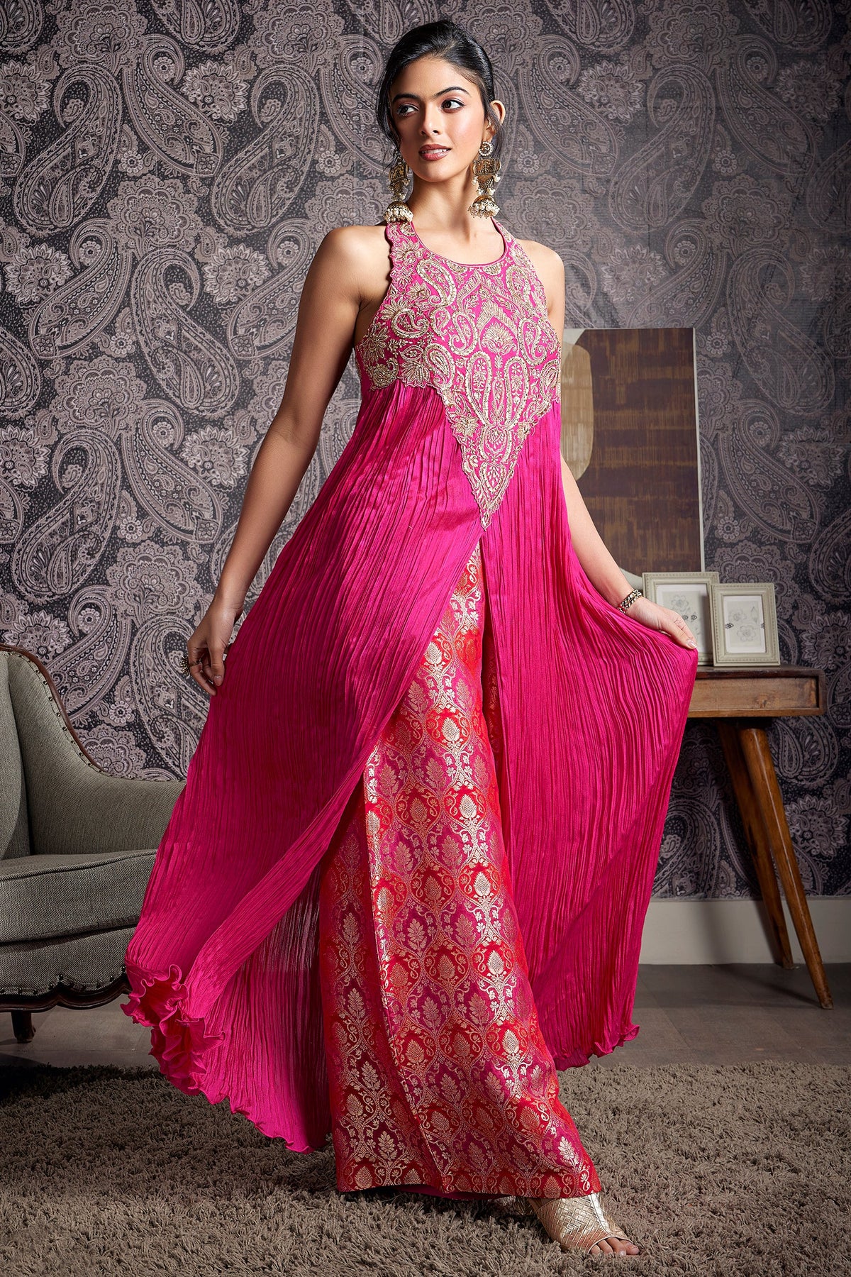 Fuchsia Pink Chiffon Chinon Slit Cut Top and Palazzo Set with Embroidery - pink chiffon saree embroidery