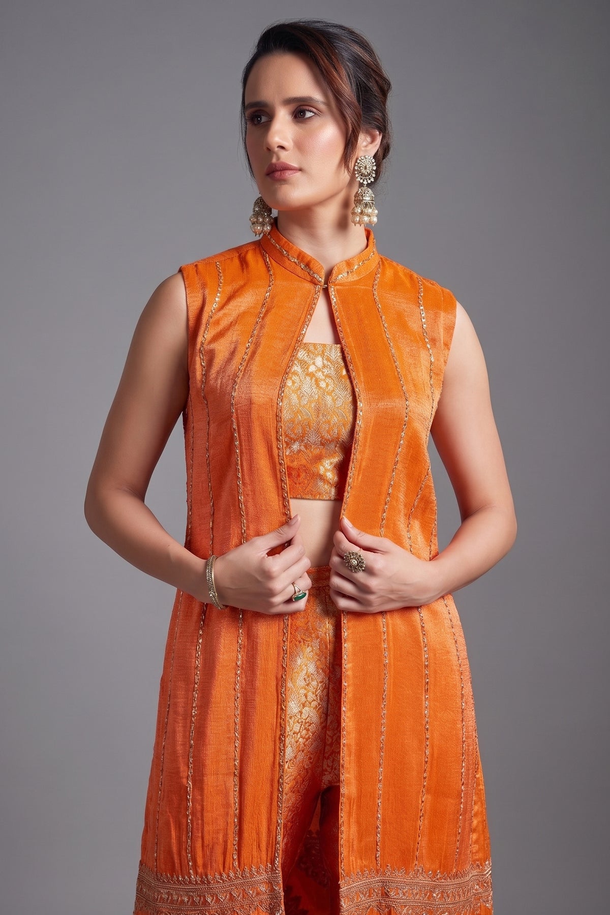 Orange Brocade Woven Crop Top Pant Set with Sequin Cutdana Work Jacket - orange brocade saree