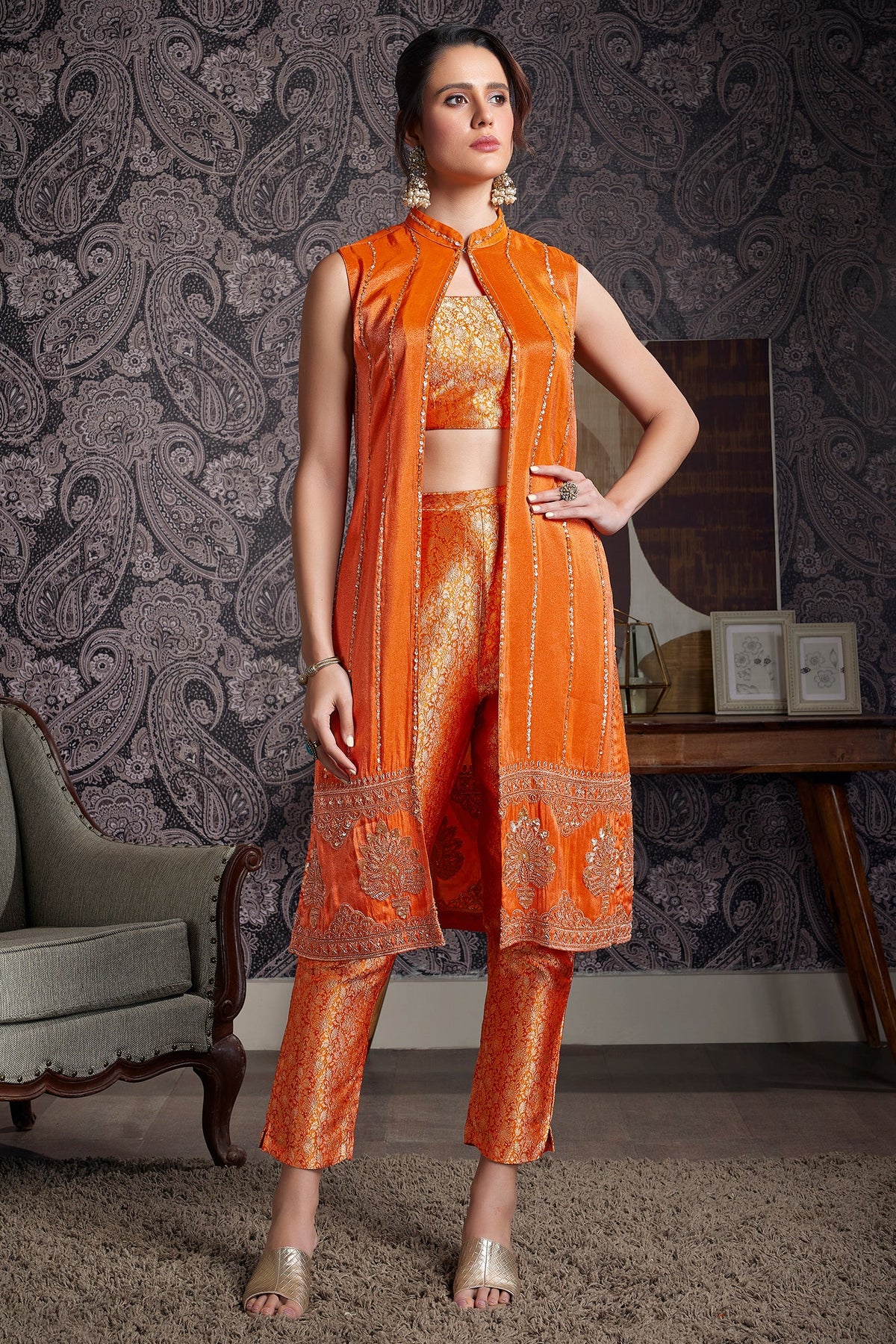 Orange Brocade Woven Crop Top Pant Set with Sequin Cutdana Work Jacket - orange brocade saree