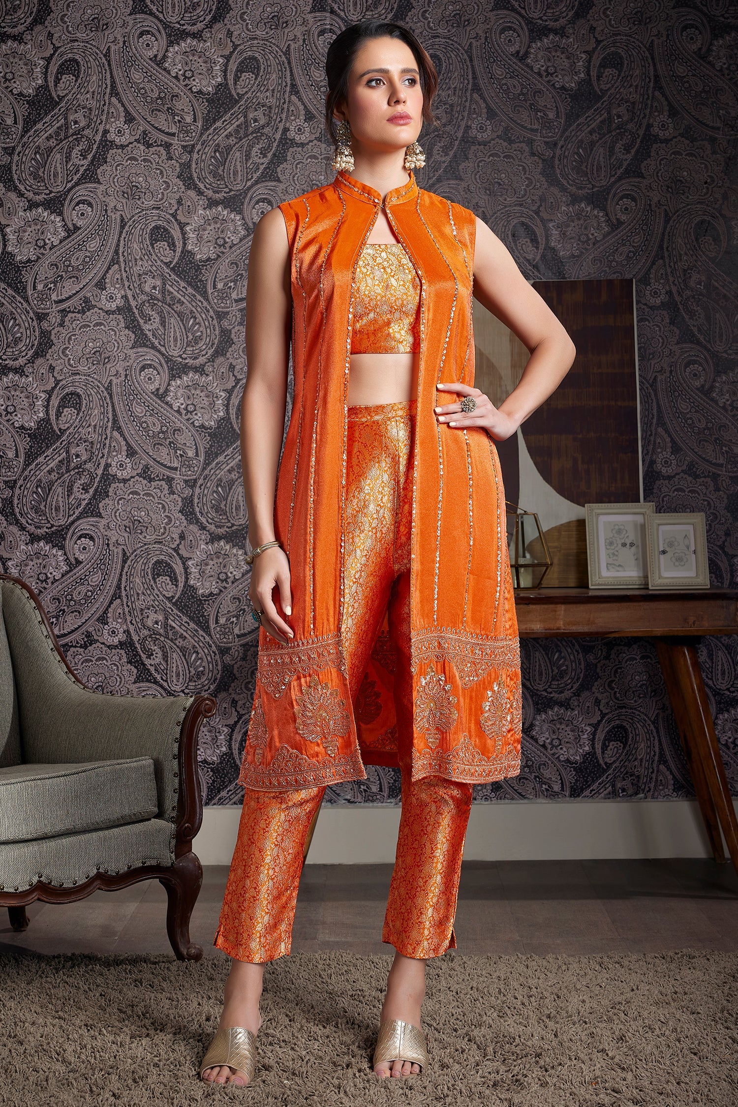Orange Brocade Woven Crop Top Pant Set with Sequin Cutdana Work Jacket - orange brocade saree