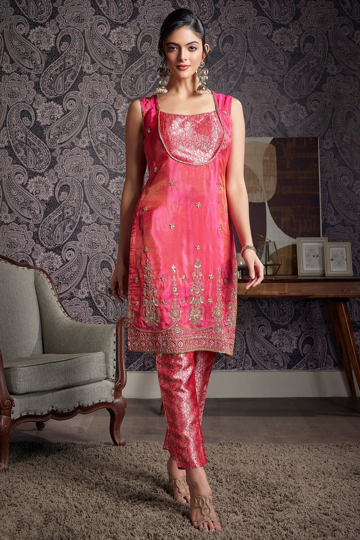Blossom Pink Tissue Silk Sequins and Cutdana Worked Straight Cut Suit - pink silk saree