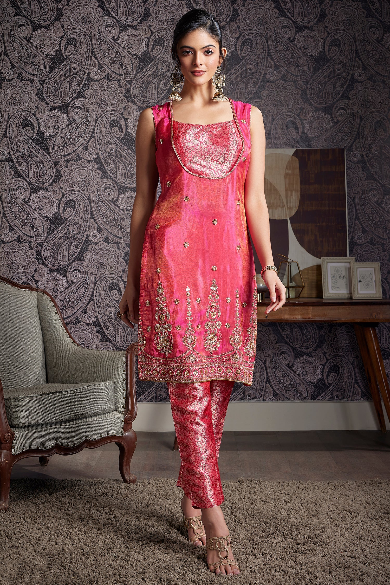 Blossom Pink Tissue Silk Sequins and Cutdana Worked Straight Cut Suit - pink silk saree