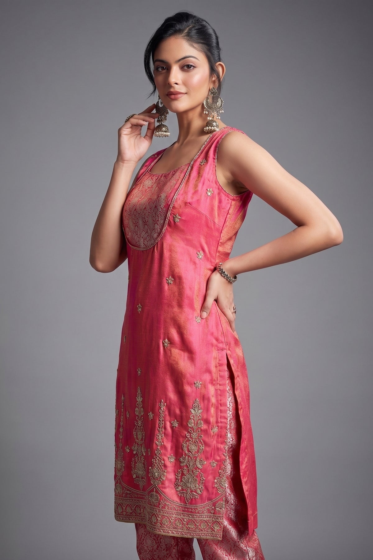 Blossom Pink Tissue Silk Sequins and Cutdana Worked Straight Cut Suit - pink silk saree
