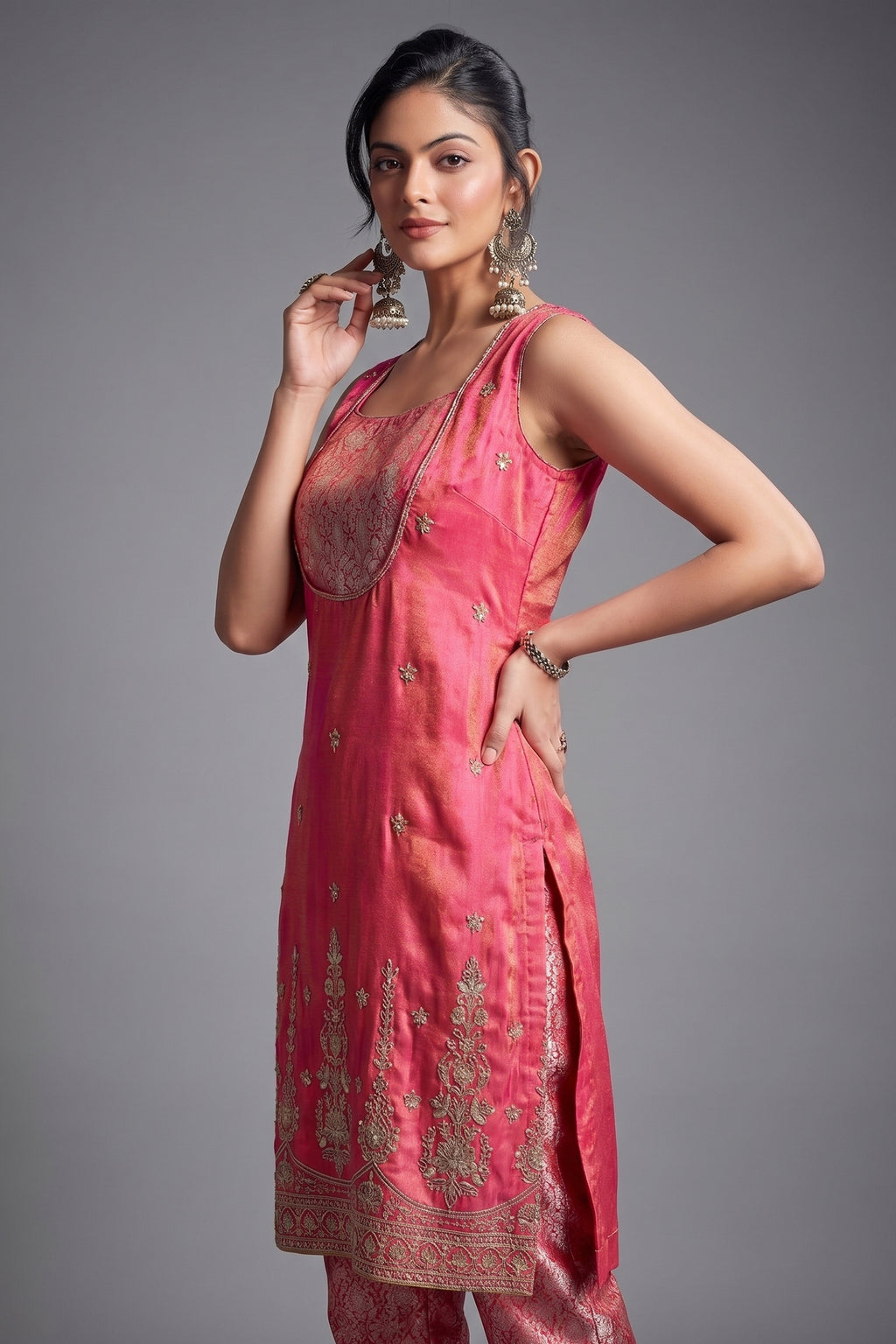 Blossom Pink Tissue Silk Sequins and Cutdana Worked Straight Cut Suit - pink silk saree