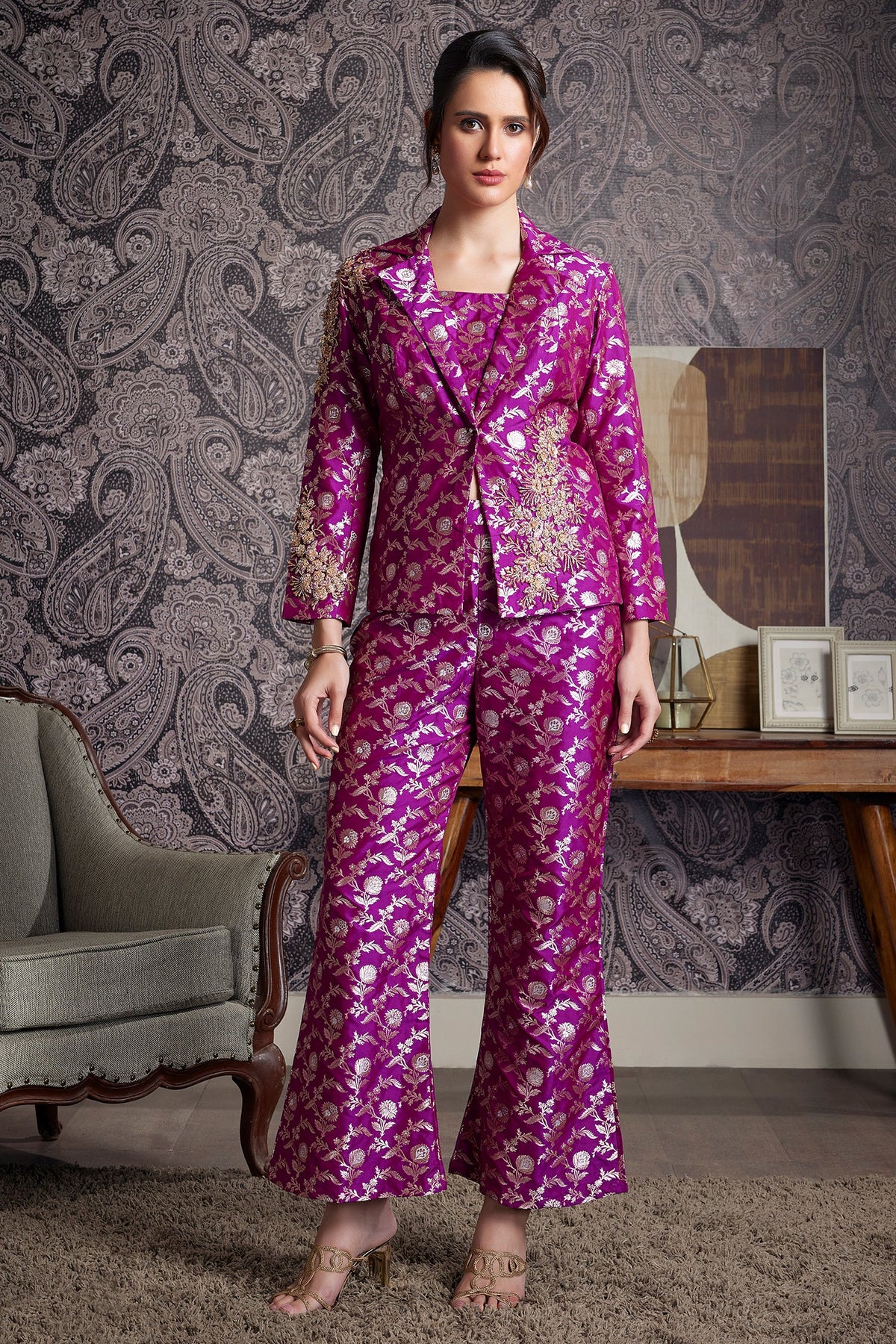 Amethyst Purple Brocade Silk Floral Woven Jaal Blazer Set with Sequins and Cutdana - purple silk saree