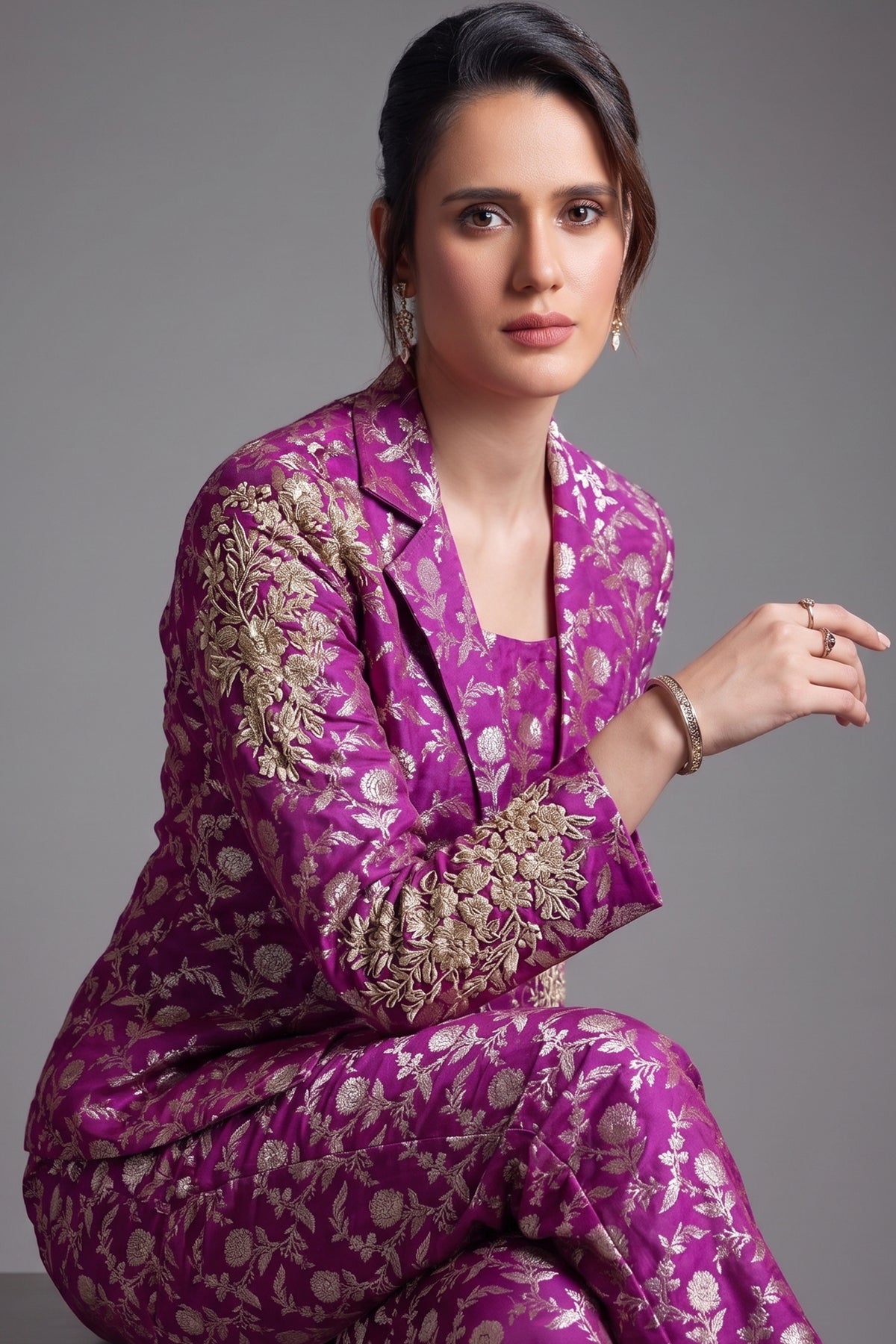 Amethyst Purple Brocade Silk Floral Woven Jaal Blazer Set with Sequins and Cutdana - purple silk saree