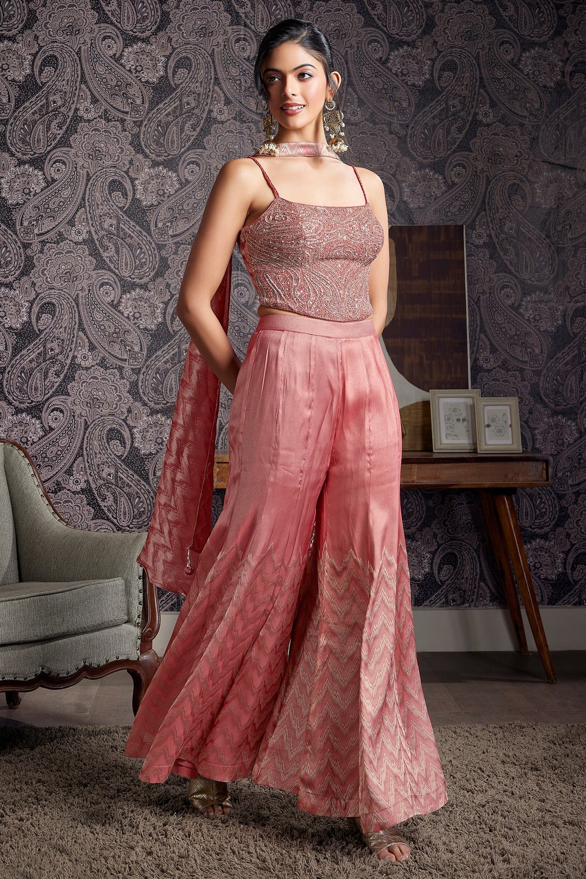 Peach Satin Georgette Silk Sequin Cutdana Crop Top Palazzo Set - peach silk saree
