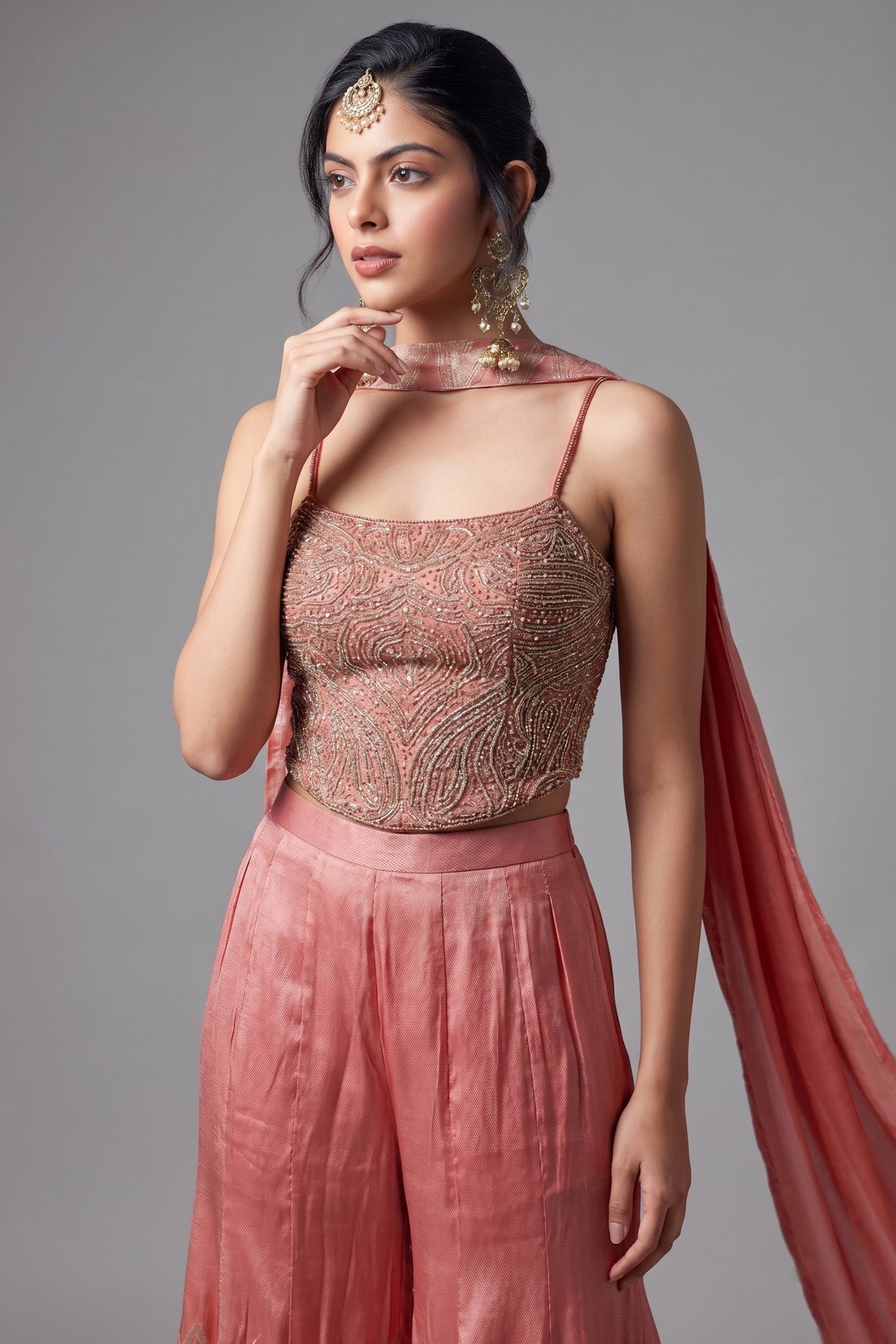 Peach Satin Georgette Silk Sequin Cutdana Crop Top Palazzo Set - peach silk saree