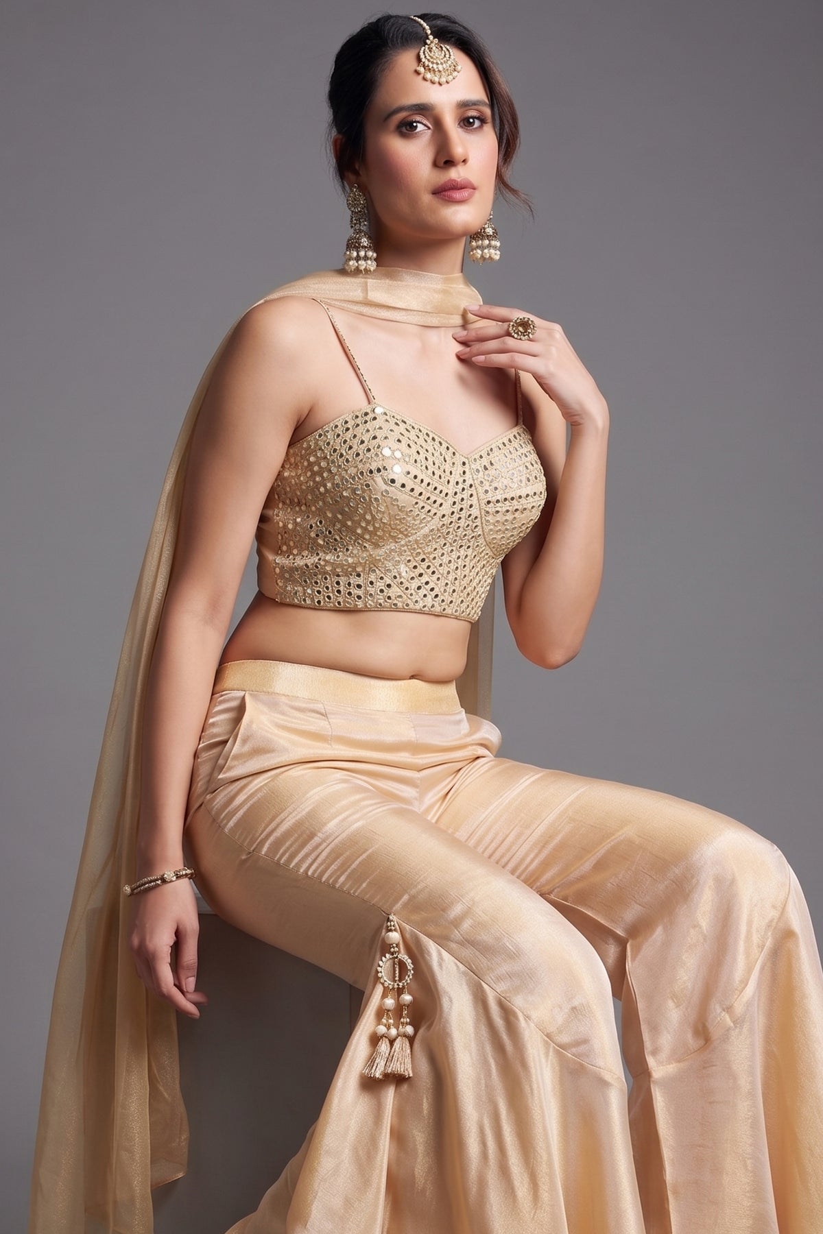 Cream Tissue Silk Mirror Embroidered Crop Top Palazzo Set - red silk saree embroidered