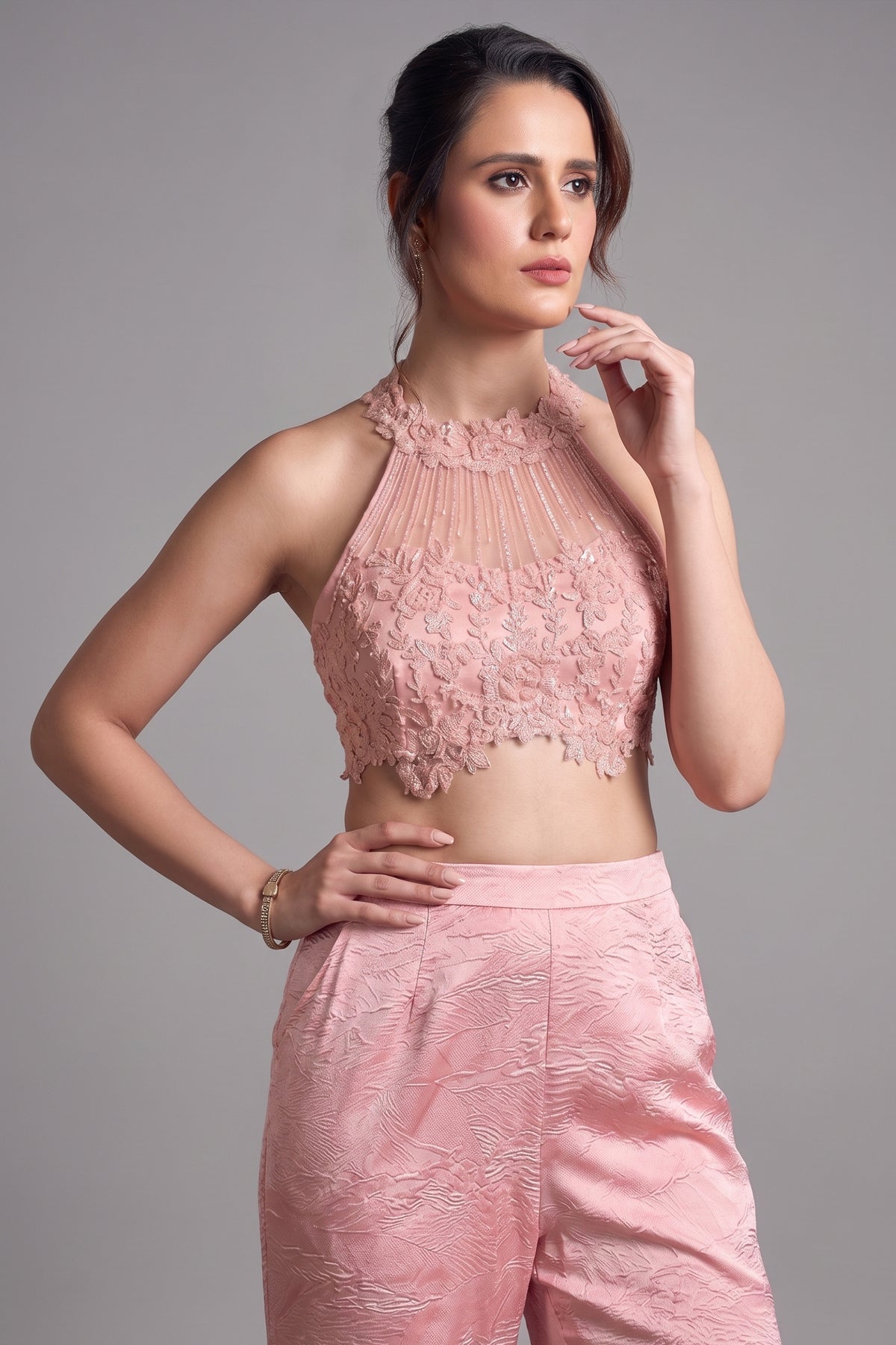 Pink Net Sequins Cutdana Worked Halter Neck Crop Top Palazzo Set - pink net saree