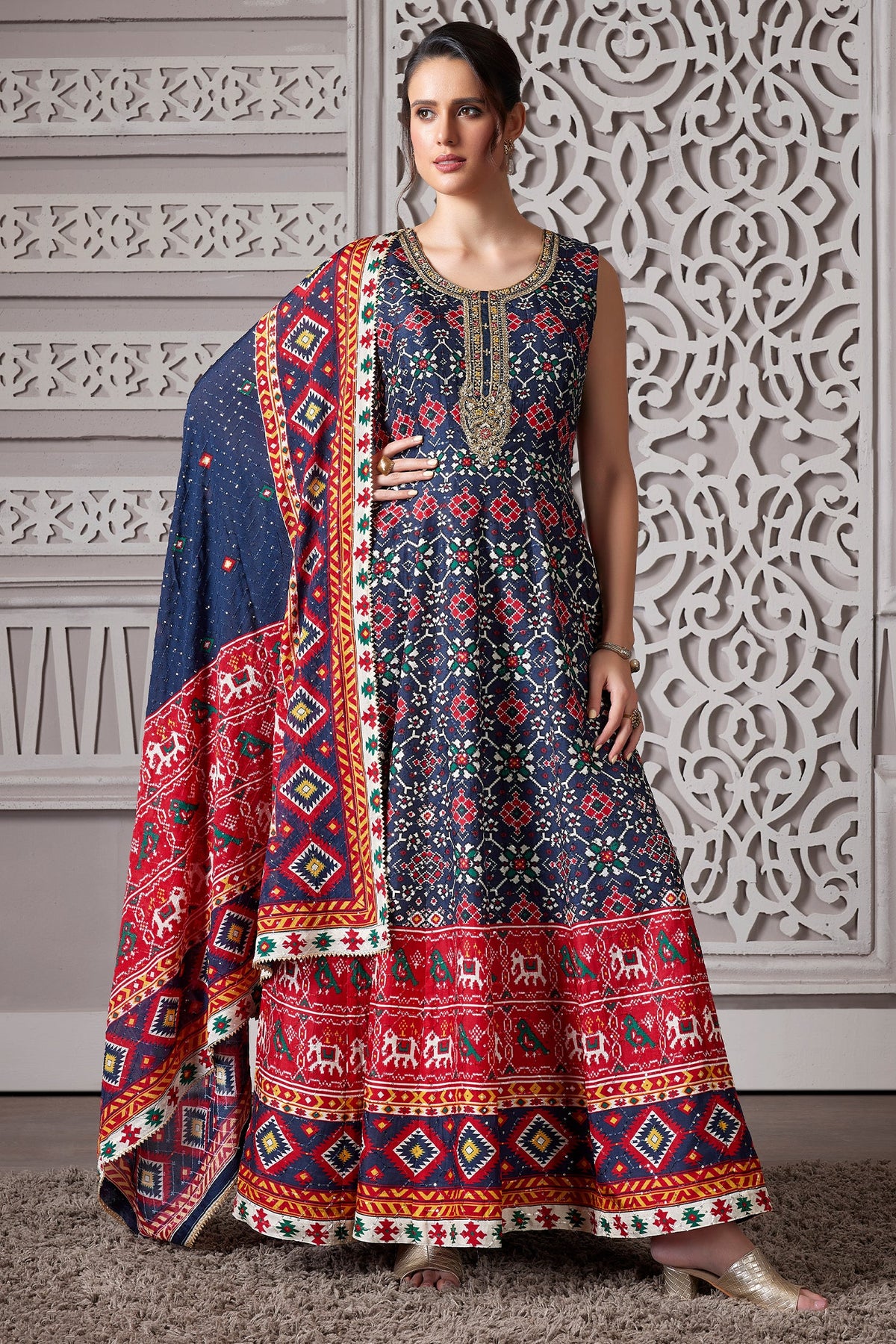 Blue Silk Patola Anarkali Suit with Sequins Work - blue silk saree patola