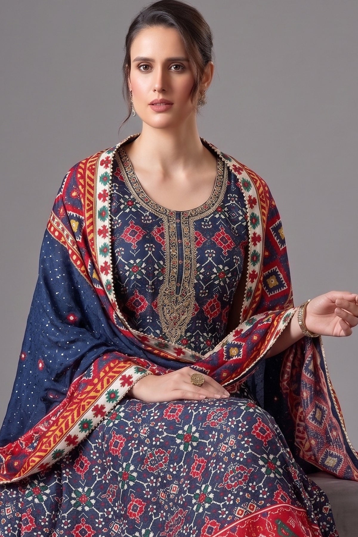 Blue Silk Patola Anarkali Suit with Sequins Work - blue silk saree patola