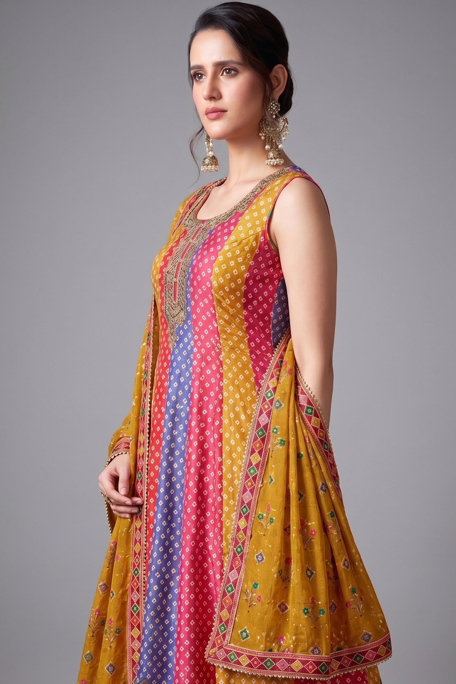 Multi Colored Silk Bandhej Printed Anrakli Suit Secondary image