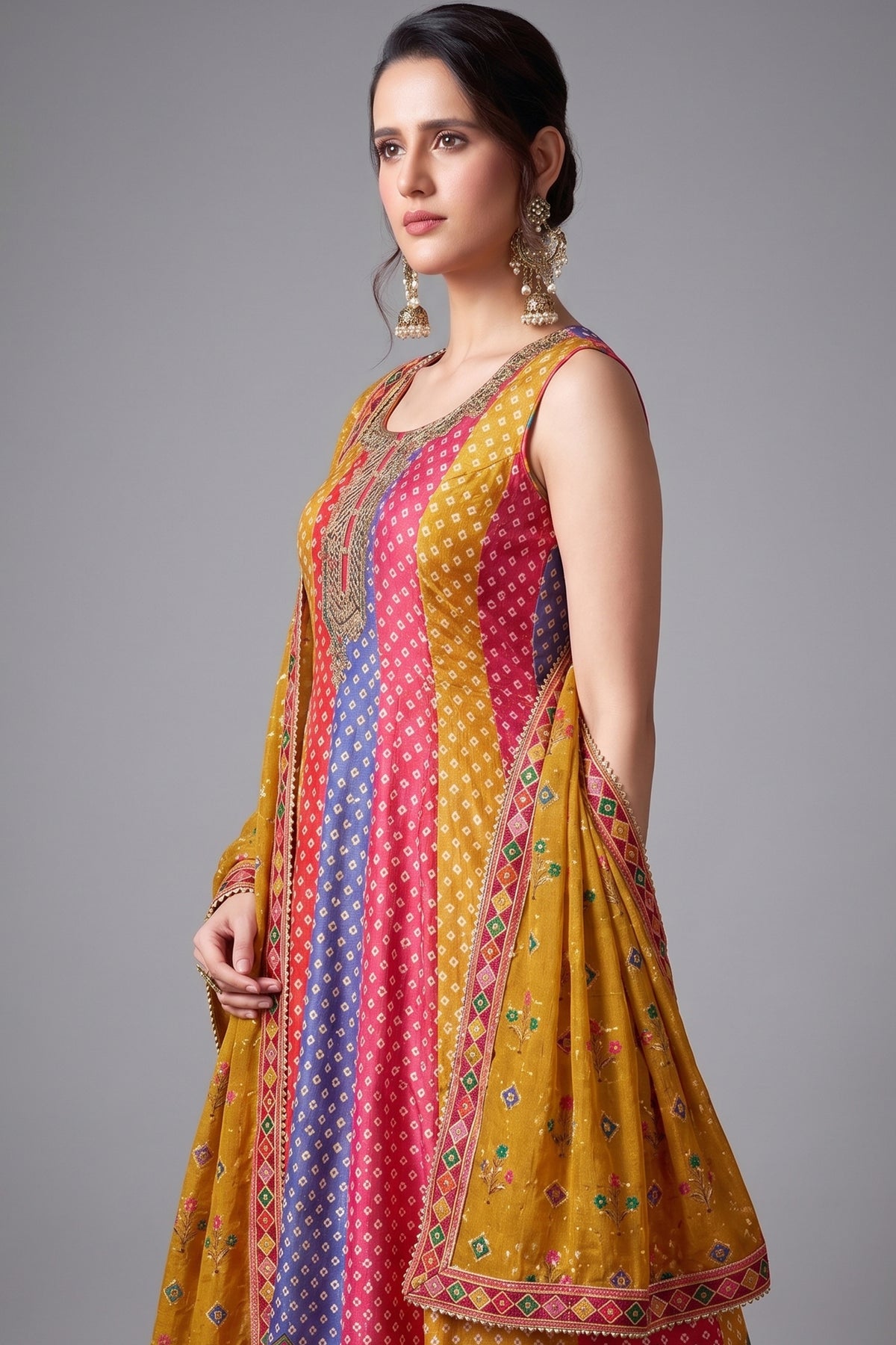 Multi Colored Silk Bandhej Printed Anrakli Suit - red silk saree bandhej