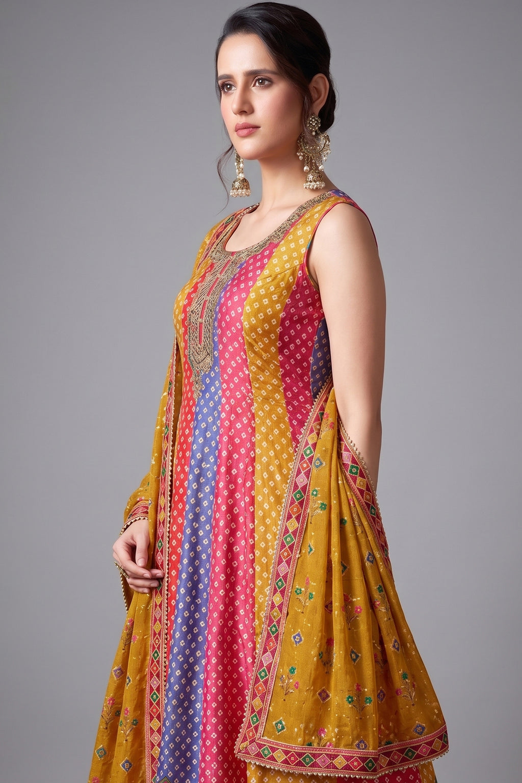 Multi Colored Silk Bandhej Printed Anrakli Suit - red silk saree bandhej