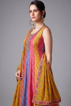Multi Colored Silk Bandhej Printed Anrakli Suit - red silk saree bandhej