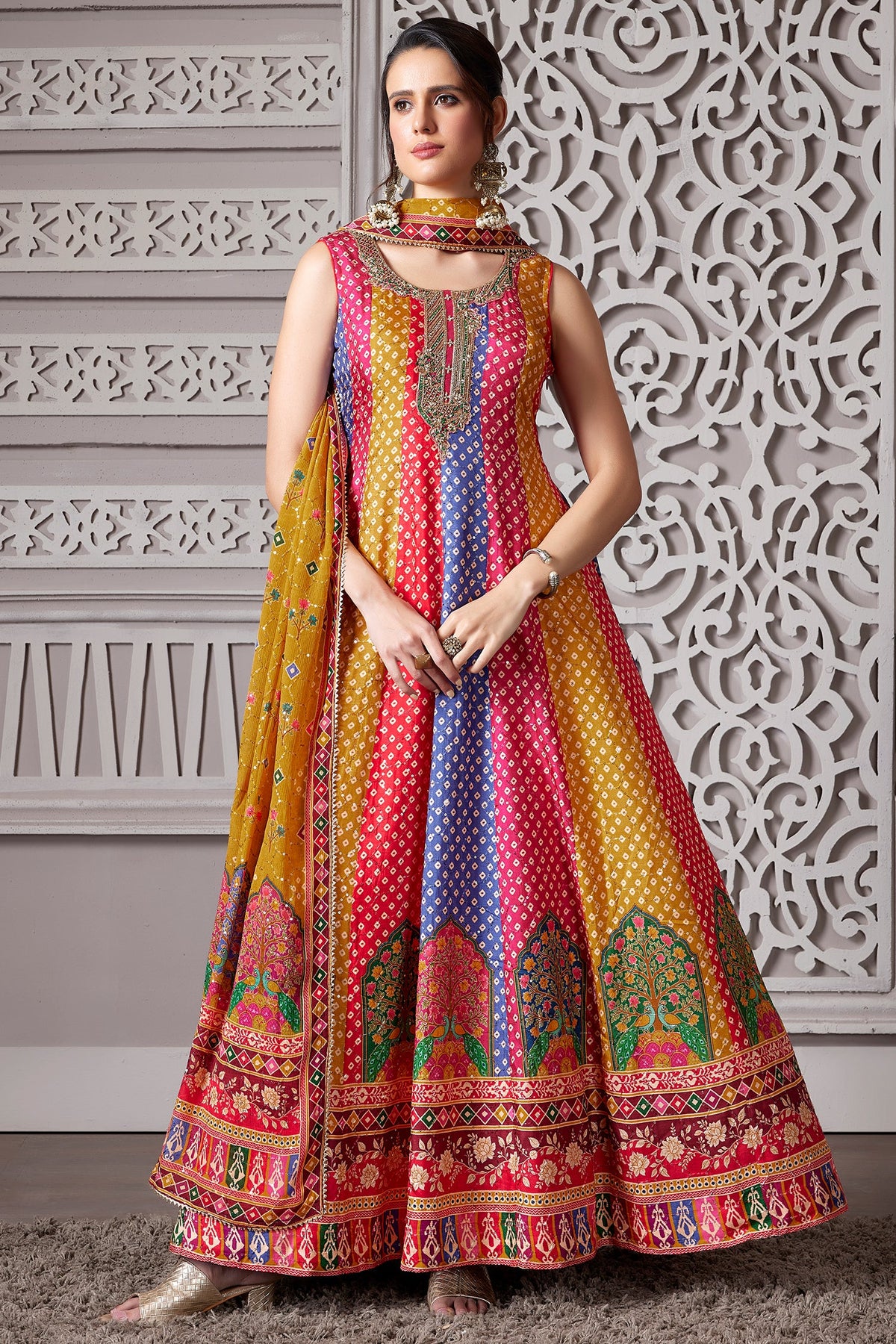 Multi Colored Silk Bandhej Printed Anrakli Suit - red silk saree bandhej
