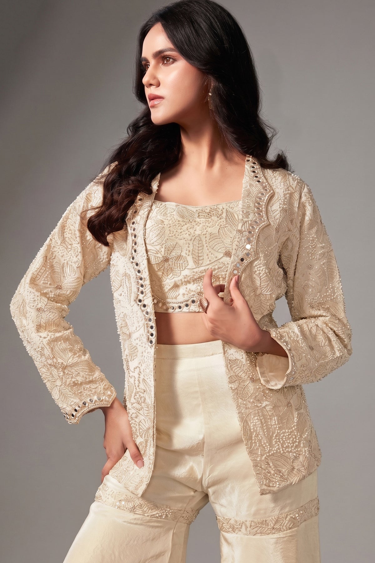 Cream Chinon Crop Top Sharara Set with Beaded Embroidered Blazer - red saree embroidered